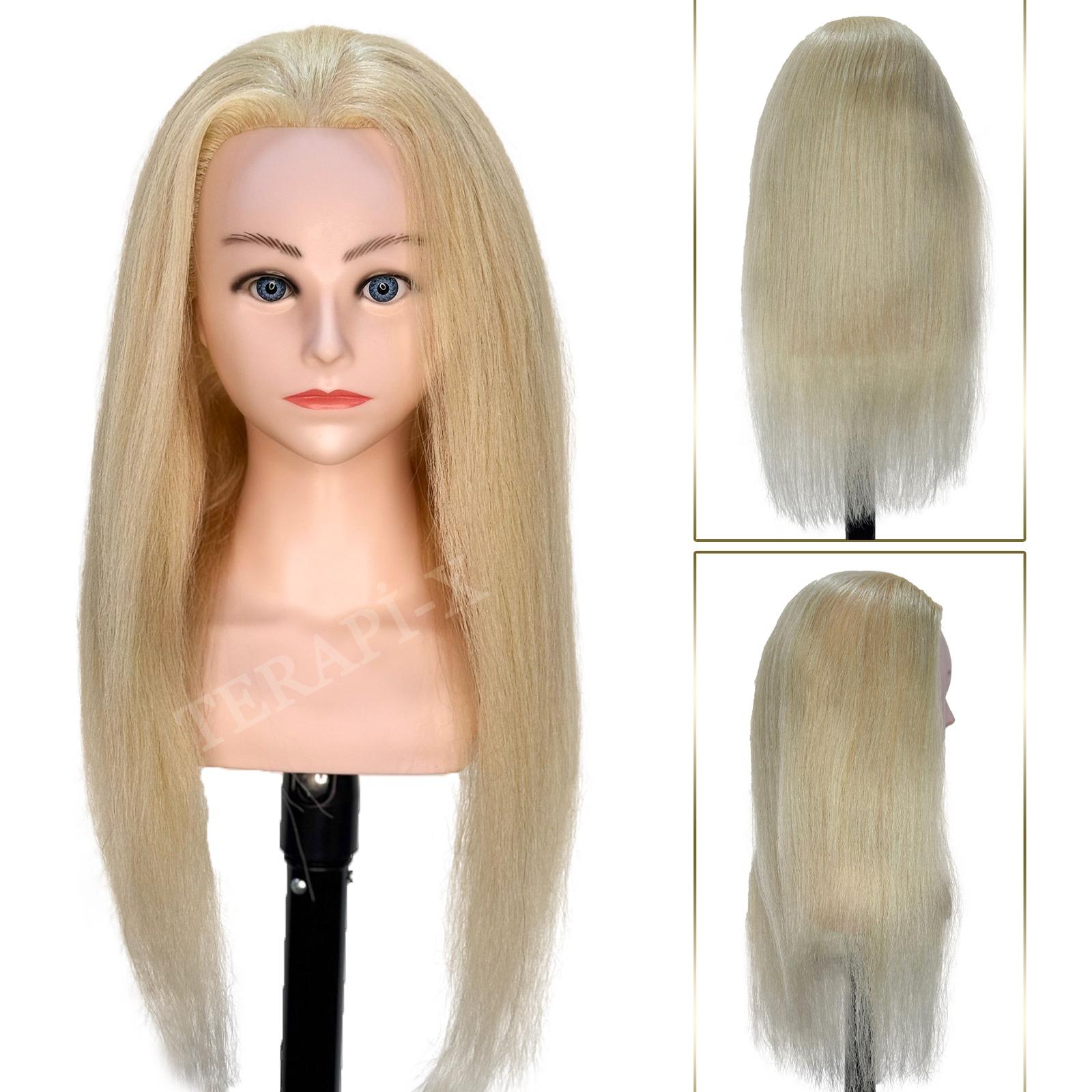 Kuaför Çalışma Mankeni (Eğitim Pupeti) Gerçek Saç 55 Cm Platin